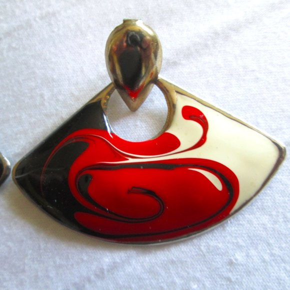 VINTAGE 80s new wave black Red pour paint swirl earrings - Picture 2 of 6